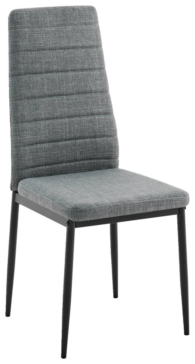 Grauer, gepolsterter Stuhl mit Metallbeinen, seitliche Perspektive