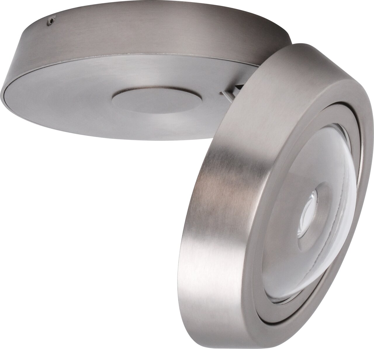 Megatron LED-Deckenleuchte SOLO MOVIMENTO LED Aufbauleuchte in gebürstetem Metall, seitliche Perspektive