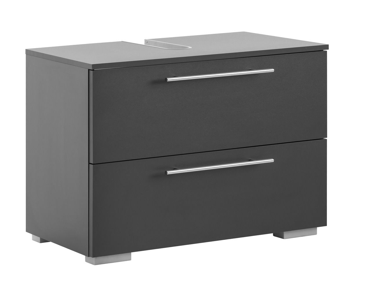Moderner Waschbeckenunterschrank in dunklem Grau mit zwei Schubladen und silbernen Griffen, seitliche Perspektive