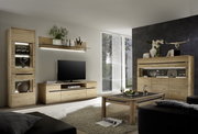 Moderne Wohnzimmer-Wandkombination aus Holz in einem hellen Raum mit großen Fenstern, bestehend aus einem TV-Schrank, einem Regal und einem Schrank, seitliche Perspektive.