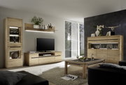 Moderne Wohnzimmer-Wandkombination aus Holz in einem hellen Raum mit großen Fenstern, bestehend aus einem TV-Schrank, einem Regal und einem Schrank, seitliche Perspektive.