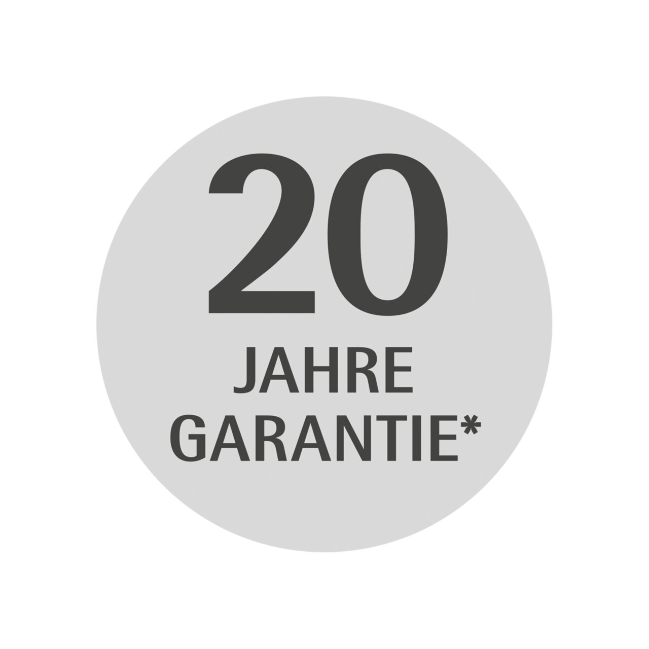 Rundes Emblem mit der Aufschrift '20 Jahre Garantie' in schwarzer Schrift auf grauem Hintergrund, frontal betrachtet.