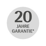 Rundes Emblem mit der Aufschrift '20 Jahre Garantie' in schwarzer Schrift auf grauem Hintergrund, frontal betrachtet.