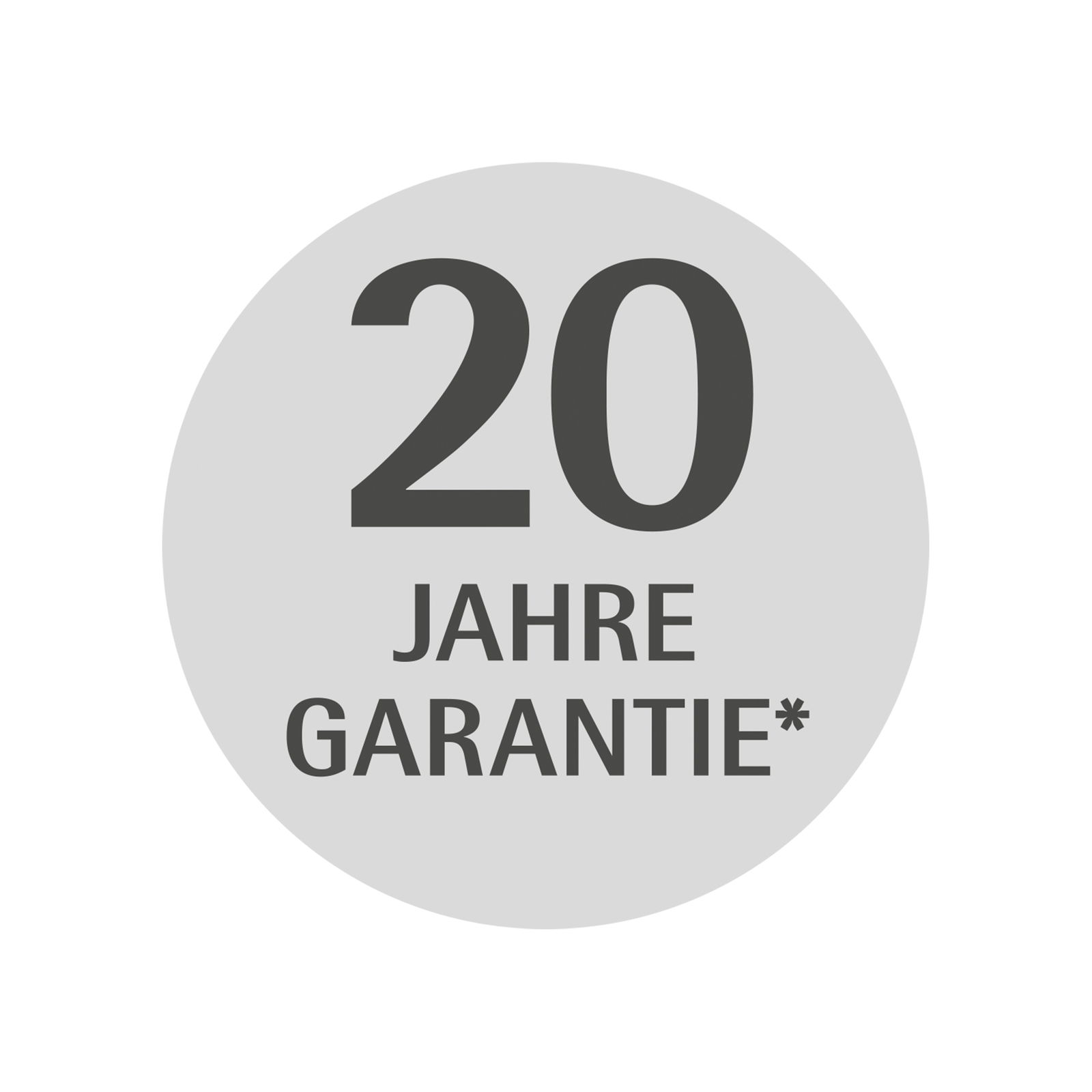 Rundes Emblem mit der Aufschrift '20 Jahre Garantie' in schwarzer Schrift auf grauem Hintergrund, frontal betrachtet.