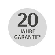 Rundes Emblem mit der Aufschrift '20 Jahre Garantie' in schwarzer Schrift auf grauem Hintergrund, frontal betrachtet.