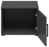 Schwarzer Aufsatzschrank mit geöffneter Tür, Frontansicht