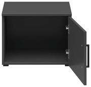 Schwarzer Aufsatzschrank mit geöffneter Tür, Frontansicht