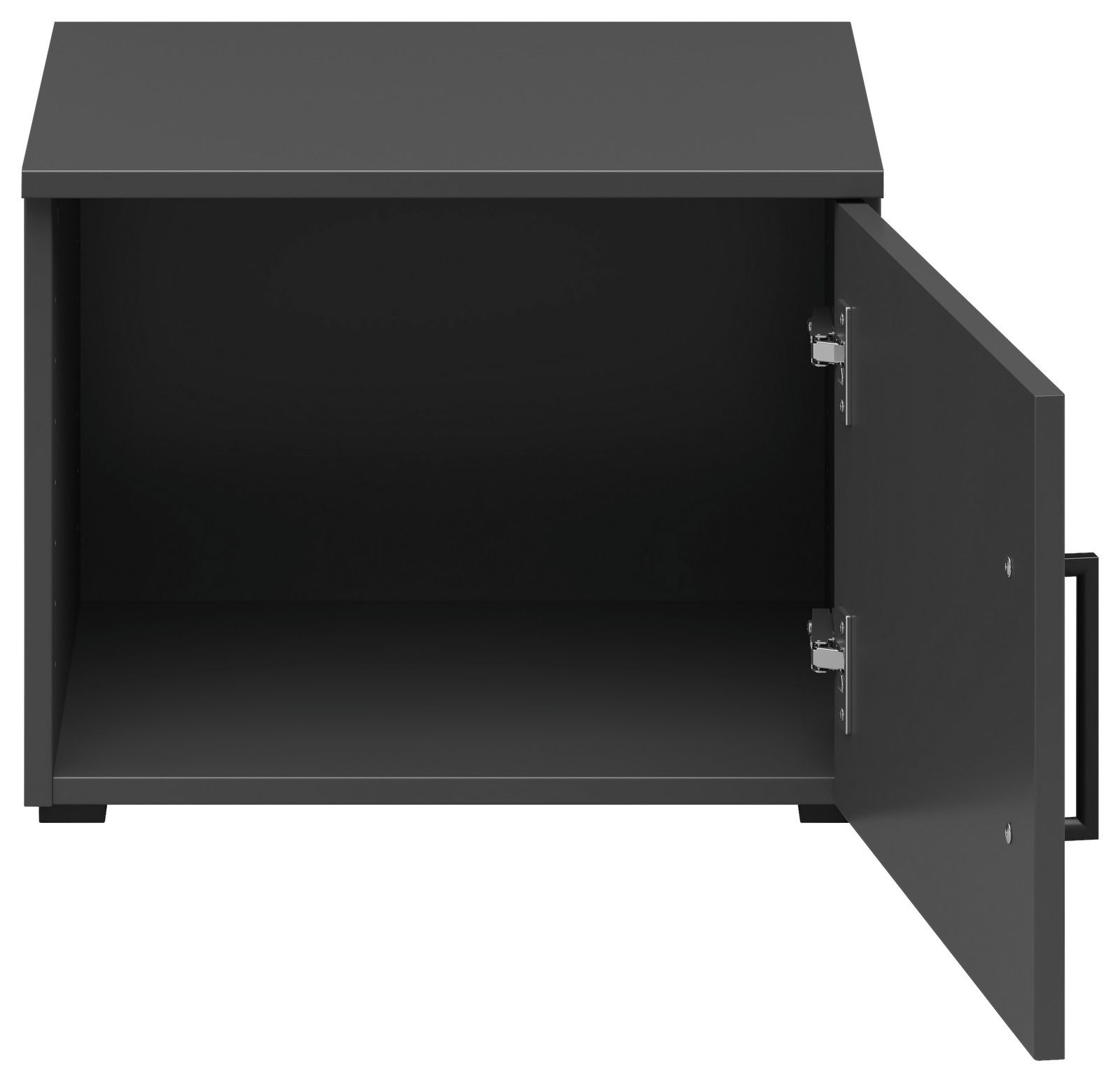 Schwarzer Aufsatzschrank mit geöffneter Tür, Frontansicht