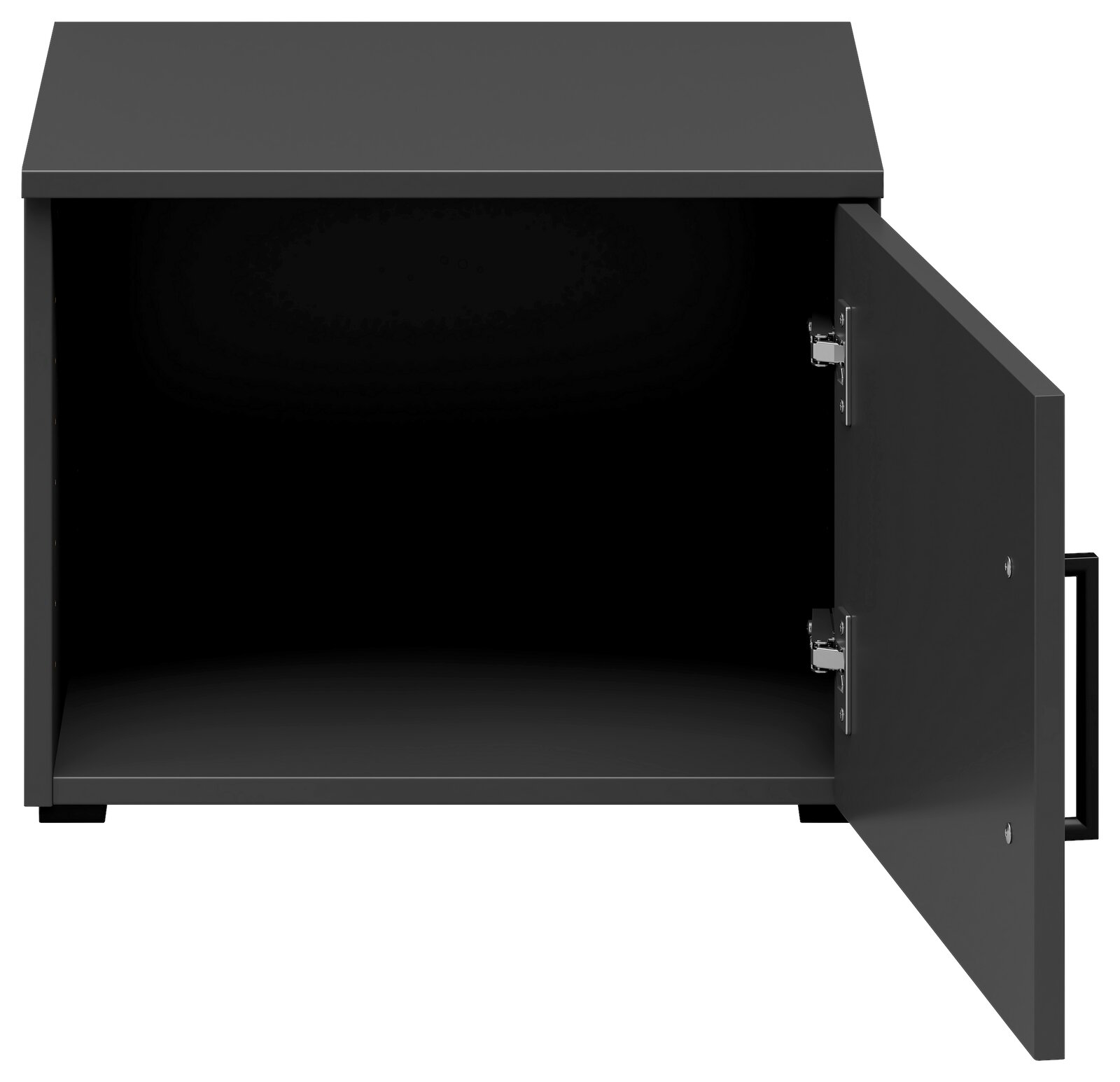 Schwarzer Aufsatzschrank mit geöffneter Tür, Frontansicht