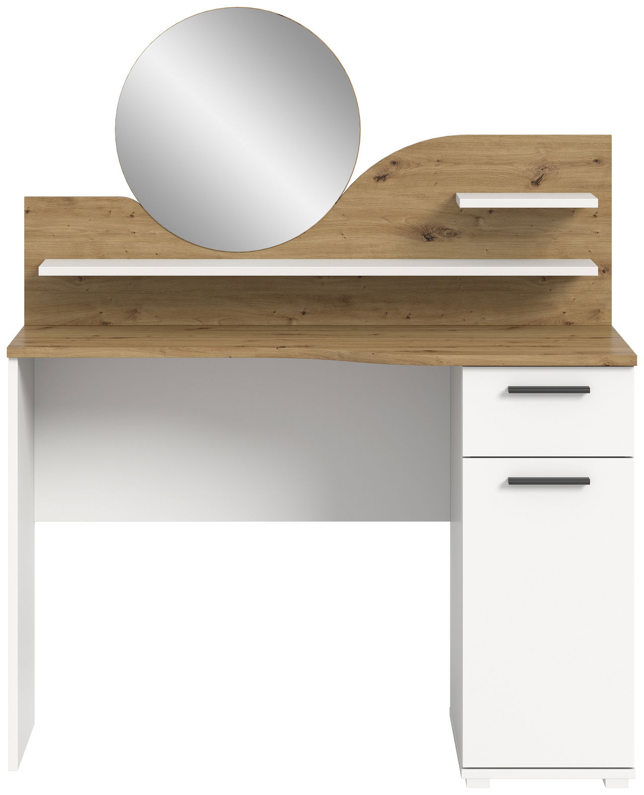 Schminktisch mit rundem Spiegel, Holz- und Weißelementen, Frontalansicht