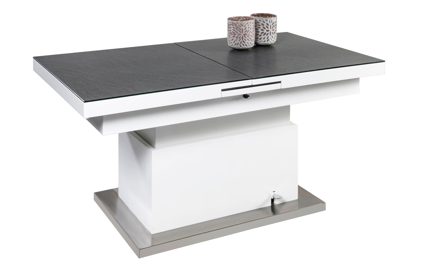 Moderner Couchtisch mit schwarzer Glasplatte und weißem Sockel, seitliche Perspektive