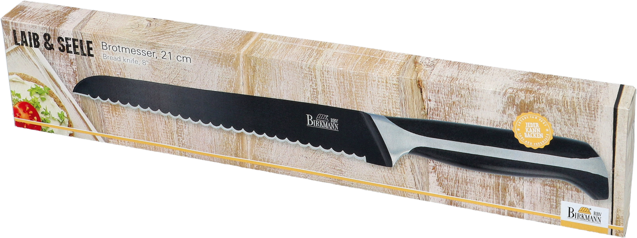 Birkmann Brotmesser LAIB & SEELE Brotmesser in Verpackung, seitliche Perspektive, 21 cm Klinge, Marke RBV Birkmann