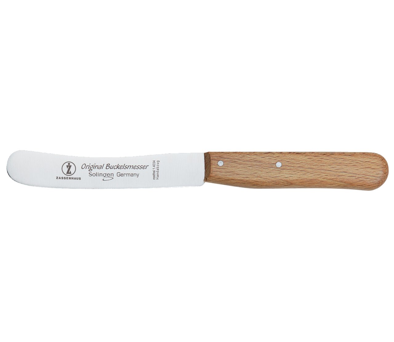 Zassenhaus Frühstücksmesser BUCKELS Frontalansicht eines Frühstücksmessers mit Holzgriff und abgerundeter Klinge, Original Buckelsmesser von Zassenhaus, Solingen Germany.
