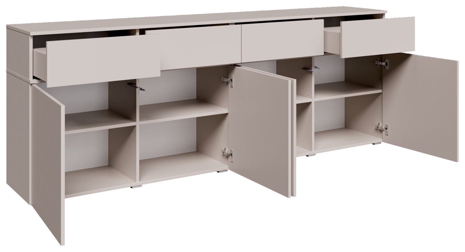 Helles Sideboard/Kommode mit drei Schubladen und drei geöffneten Türen, innen mit Regalböden und Fächern, gezeigt in schräger Vorderansicht.