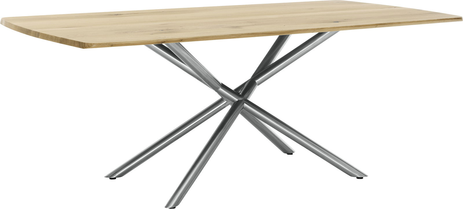 Moderner Esstisch mit Holzplatte und gekreuzten Metallbeinen, seitliche Perspektive