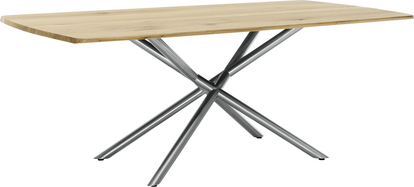 Moderner Esstisch mit Holzplatte und gekreuzten Metallbeinen, seitliche Perspektive