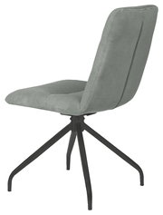 Moderner Stuhl mit grünem Stoffbezug und schwarzem Metallgestell, seitliche Perspektive