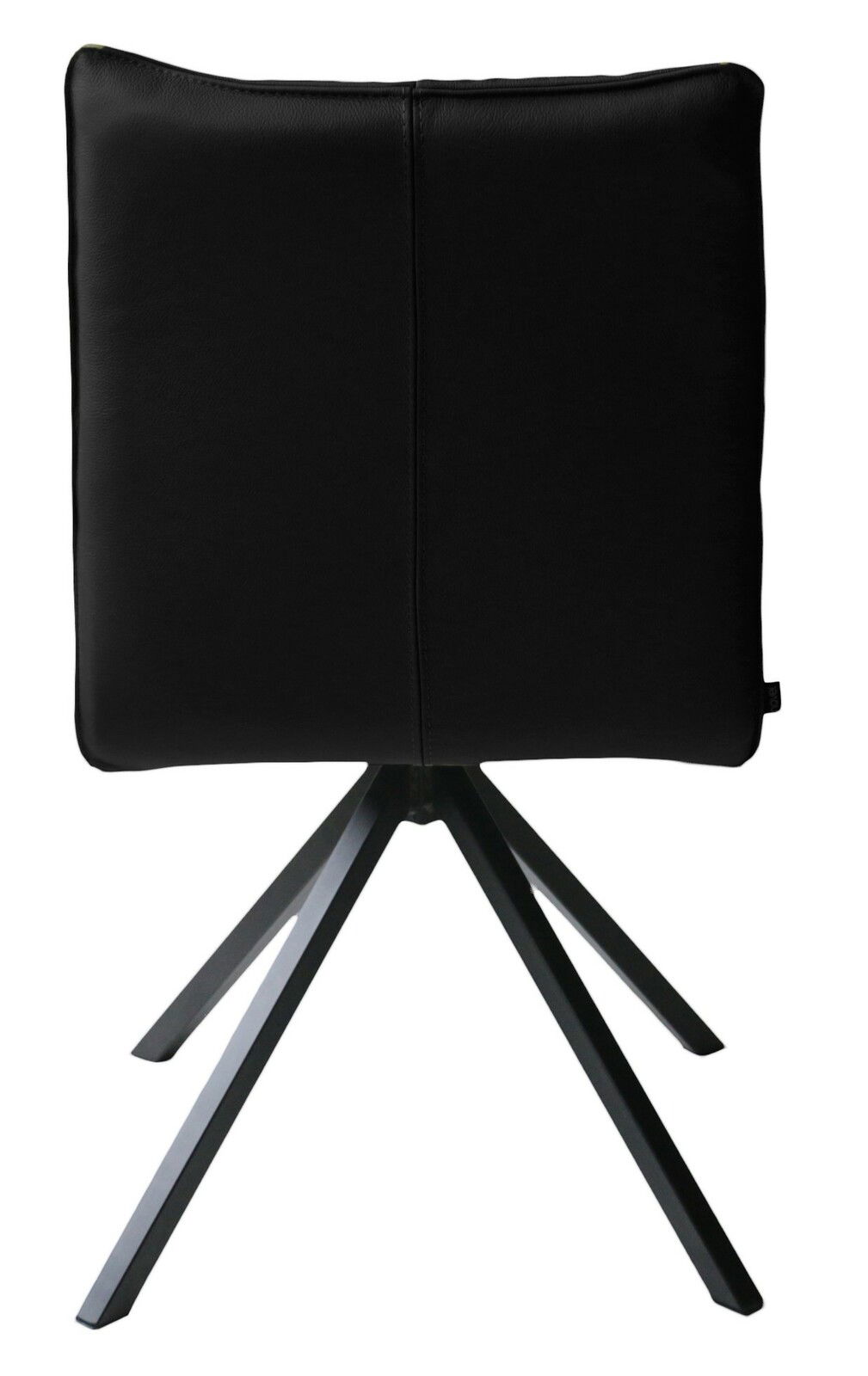 Rückansicht eines schwarzen Stuhls mit vier Metallbeinen in modernem Design.