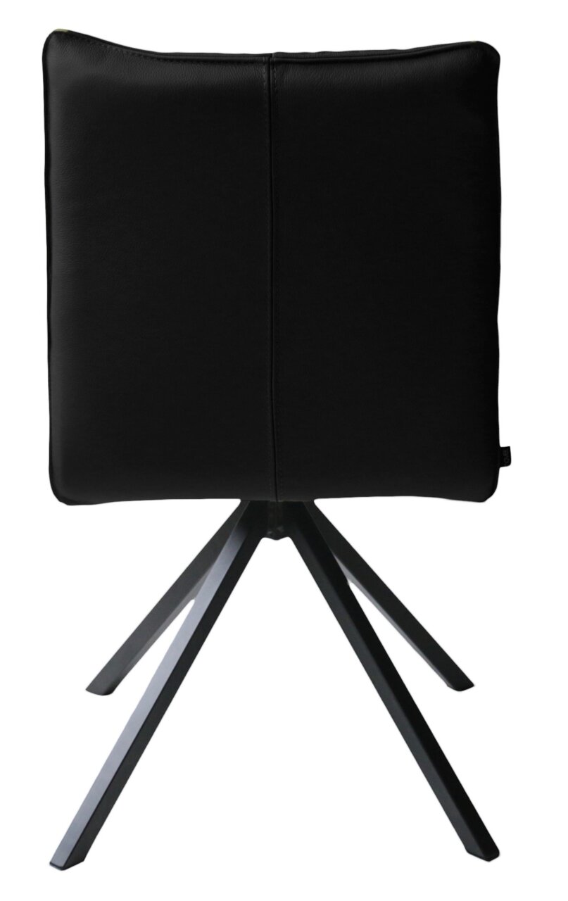 Rückansicht eines schwarzen Stuhls mit vier Metallbeinen in modernem Design.