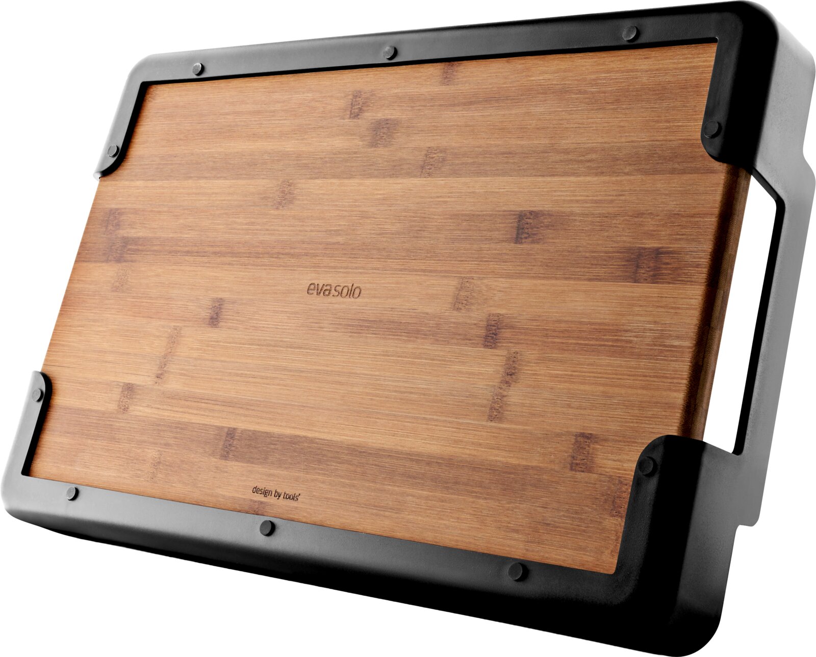 Houten dienblad van bamboe met grijze/zwart kunststof rand en handgrepen, evaso|o-logo in het midden, schuin van boven (driekwartaanzicht) gefotografeerd