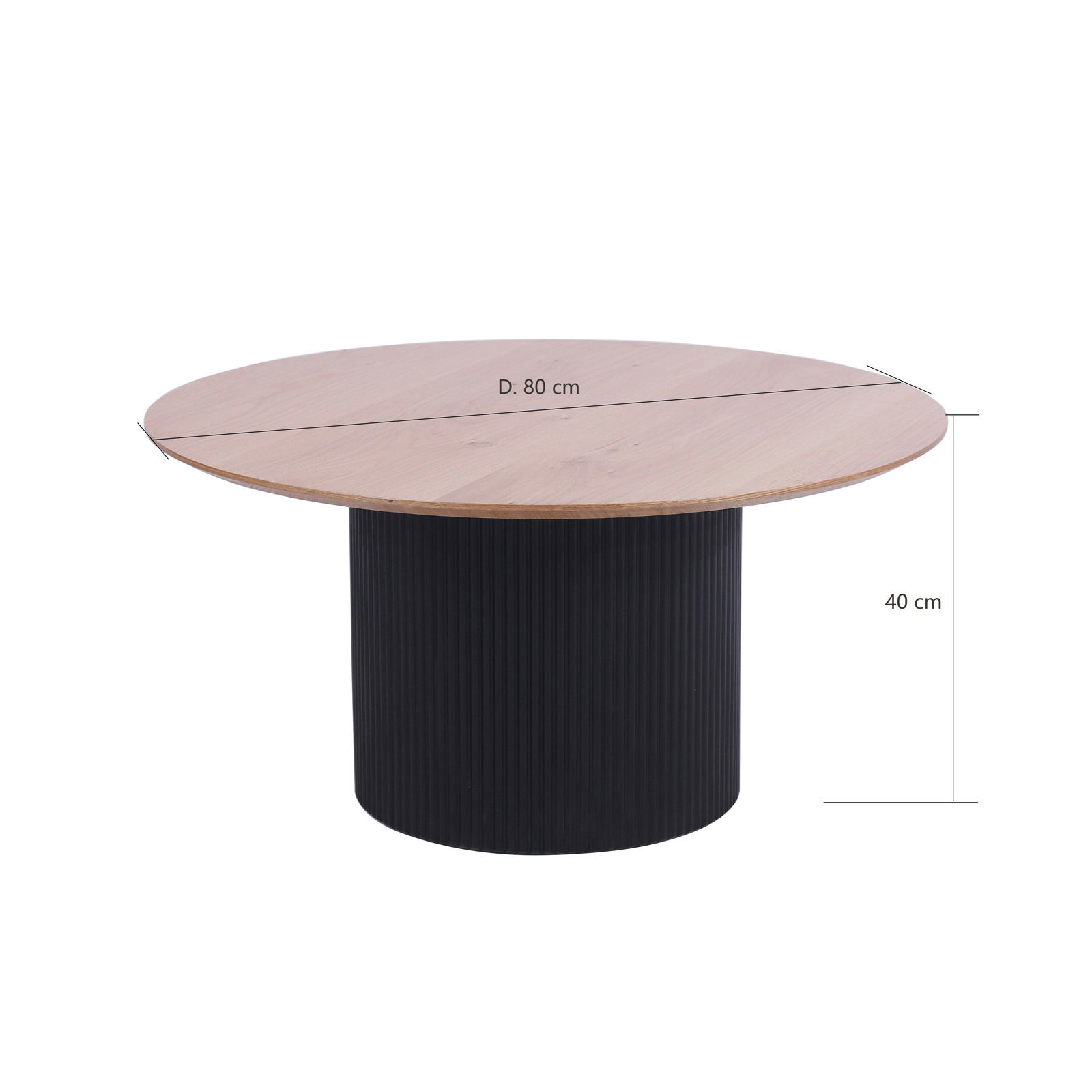 Runder Couchtisch mit einem Durchmesser von 80 cm und einer Höhe von 40 cm, mit einer Holzplatte und einem schwarzen, geriffelten Sockel, seitliche Perspektive.