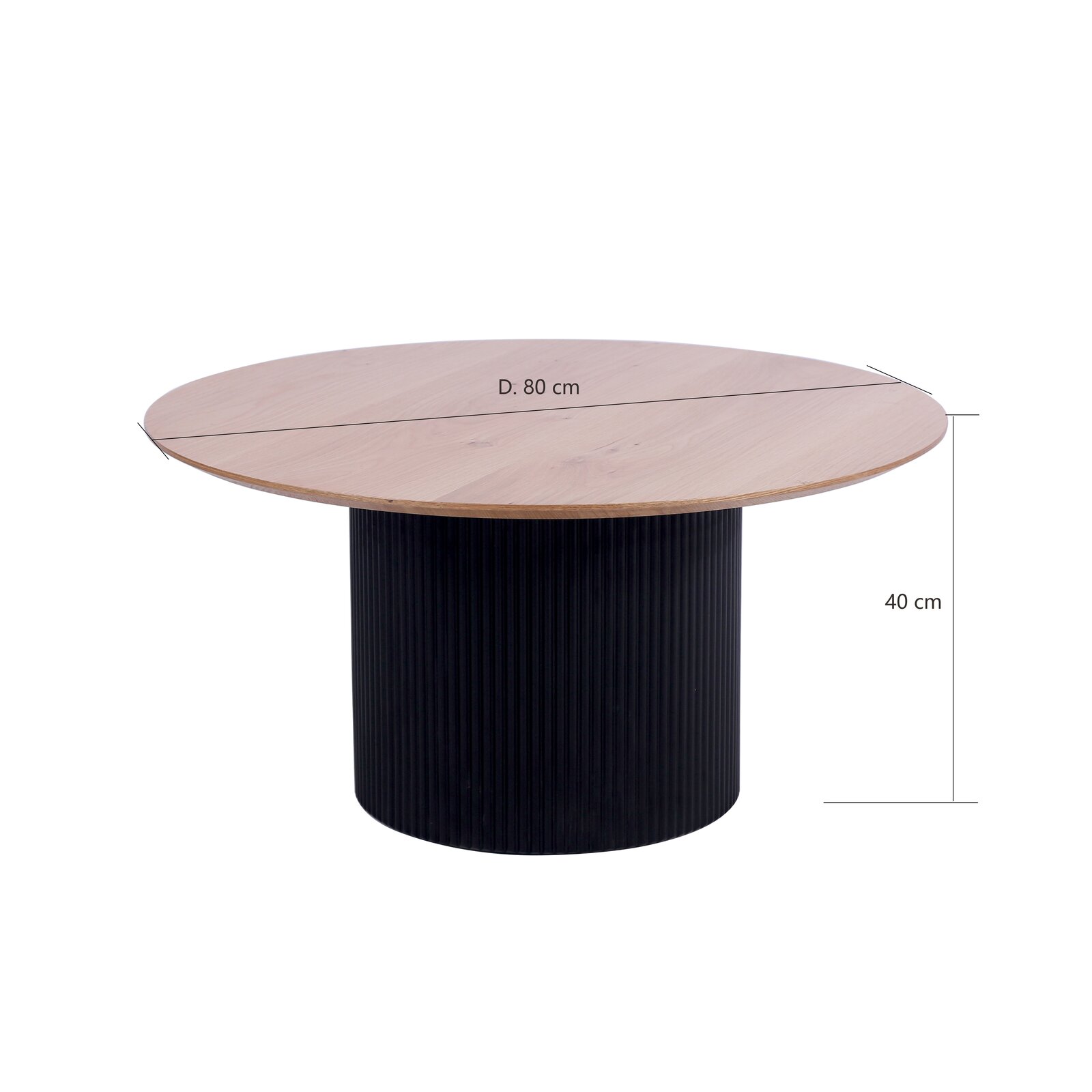 Runder Couchtisch mit einem Durchmesser von 80 cm und einer Höhe von 40 cm, mit einer Holzplatte und einem schwarzen, geriffelten Sockel, seitliche Perspektive.