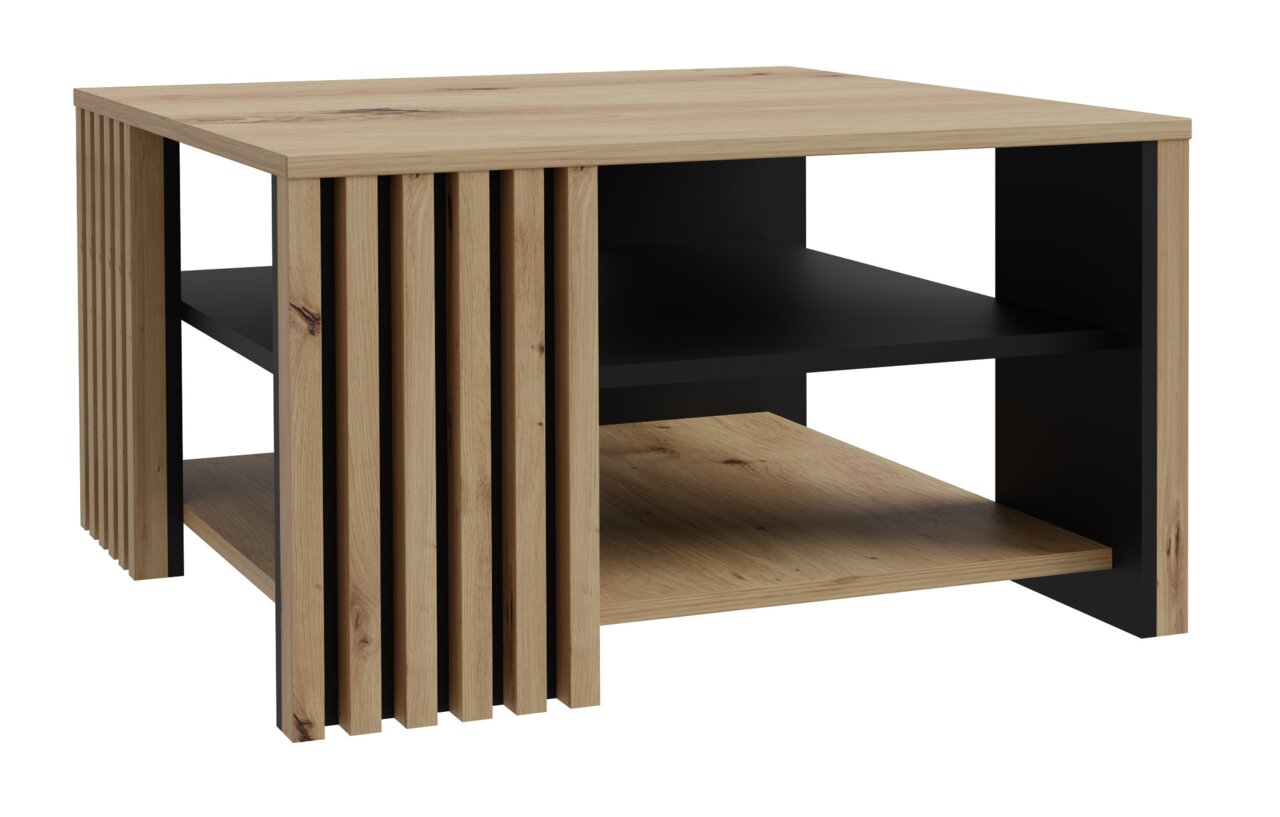 Z2 Salontafel CARDIGAN Moderner Couchtisch aus Holz mit schwarzem Regal, seitliche Perspektive