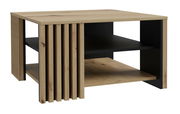 Moderner Couchtisch aus Holz mit schwarzem Regal, seitliche Perspektive