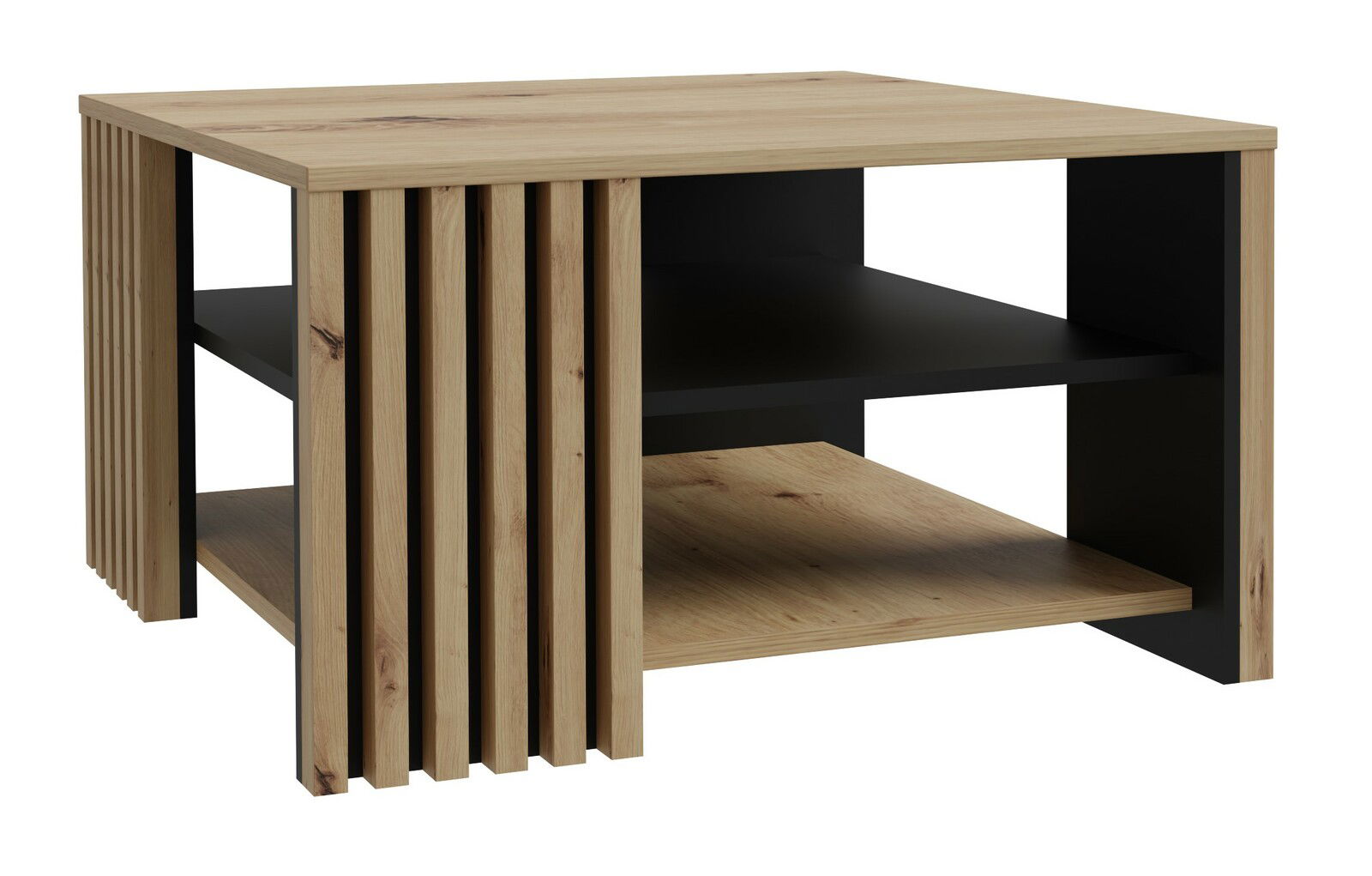Moderner Couchtisch aus Holz mit schwarzem Regal, seitliche Perspektive