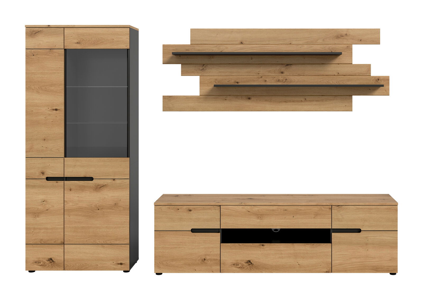 Wohnwand-Möbelset in Eiche-Optik mit schwarzem Akzent: hoher Vitrinenschrank mit Glastür, Lowboard mit Schubladen und offenem Fach sowie Wandpaneel mit zwei Ablagen, frontal aus der Vorderansicht freigestellt