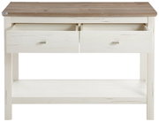 Konsole aus Holz mit zwei offenen Schubladen, weiß mit brauner Oberfläche, Frontalansicht