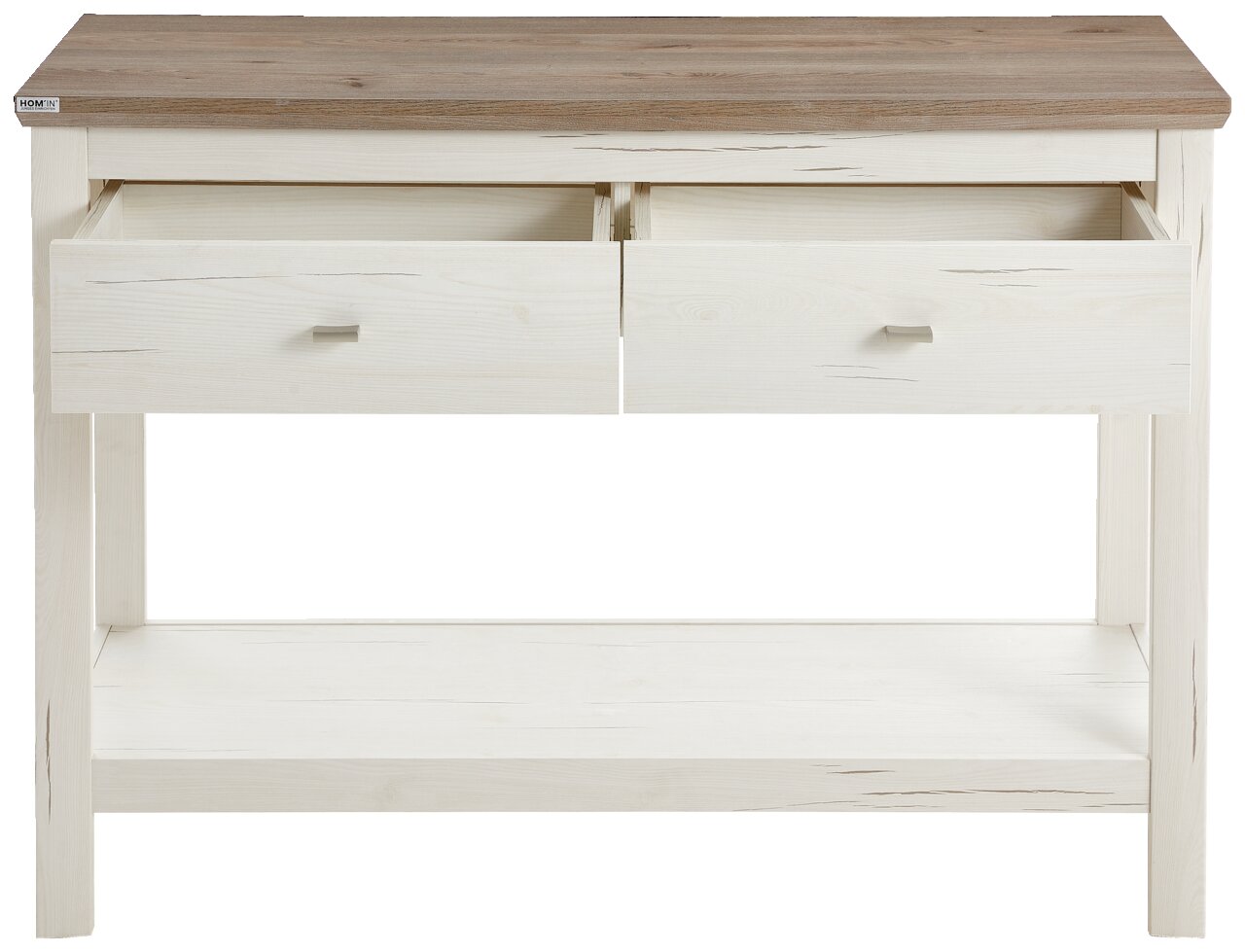 Konsole aus Holz mit zwei offenen Schubladen, weiß mit brauner Oberfläche, Frontalansicht