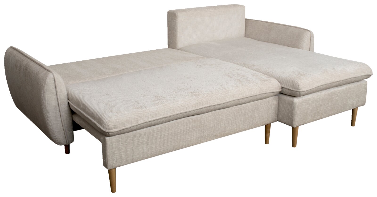 Beige Ecksofa mit Holzfüßen, von schräg vorne betrachtet