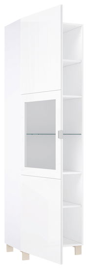 Weiße Vitrine mit Glastür, teilweise geöffnet, zeigt Innenregale aus seitlicher Perspektive
