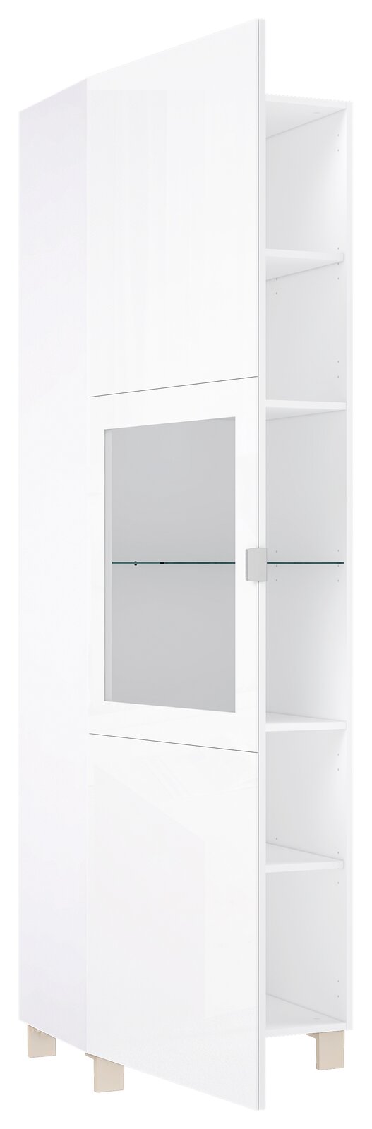 Weiße Vitrine mit Glastür, teilweise geöffnet, zeigt Innenregale aus seitlicher Perspektive