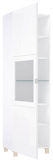 Weiße Vitrine mit Glastür, teilweise geöffnet, zeigt Innenregale aus seitlicher Perspektive