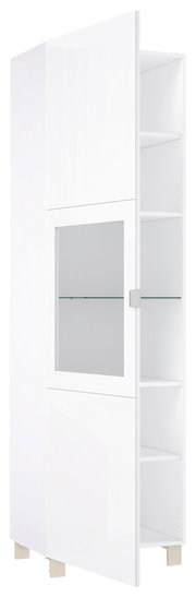 Weiße Vitrine mit Glastür, teilweise geöffnet, zeigt Innenregale aus seitlicher Perspektive