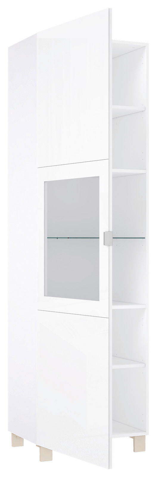 Weiße Vitrine mit Glastür, teilweise geöffnet, zeigt Innenregale aus seitlicher Perspektive