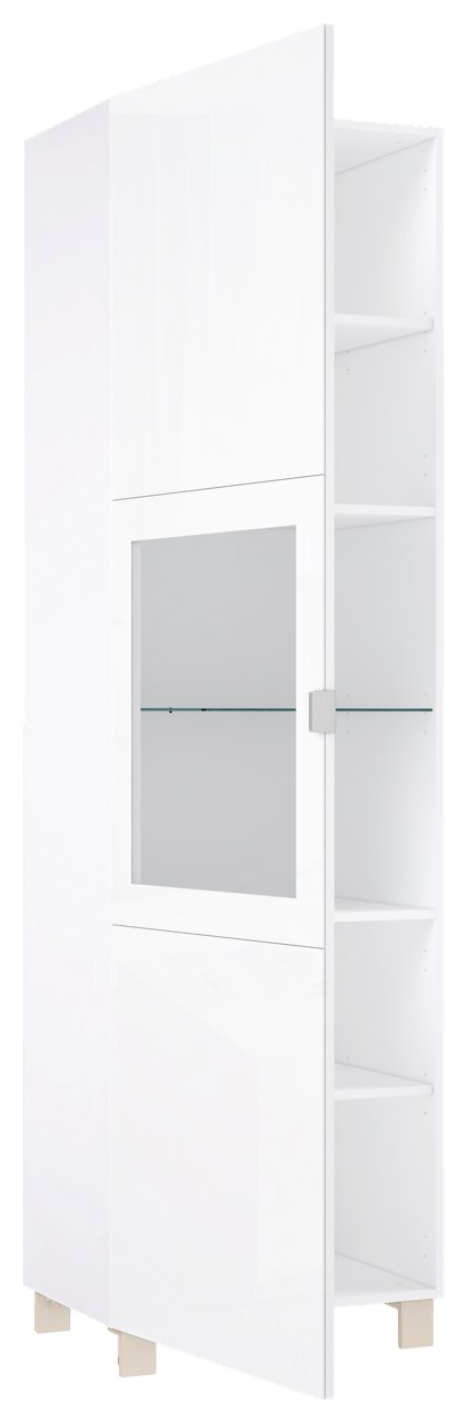 Weiße Vitrine mit Glastür, teilweise geöffnet, zeigt Innenregale aus seitlicher Perspektive