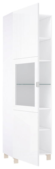 Weiße Vitrine mit Glastür, teilweise geöffnet, zeigt Innenregale aus seitlicher Perspektive