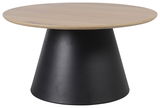 Runder Couchtisch mit hellem Holzplatte und konischem schwarzen Sockel, seitliche Perspektive