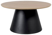 Runder Couchtisch mit hellem Holzplatte und konischem schwarzen Sockel, seitliche Perspektive