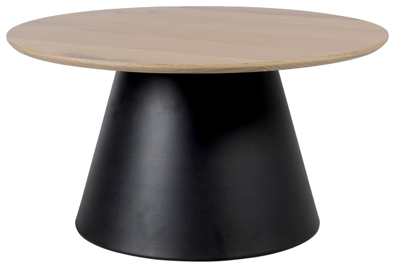 Runder Couchtisch mit hellem Holzplatte und konischem schwarzen Sockel, seitliche Perspektive