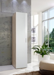 Moderner, schmaler Kleiderschrank mit weißer Tür und Holzoptik, seitliche Perspektive, in einem hellen Raum mit großen Fenstern und Pflanzen.