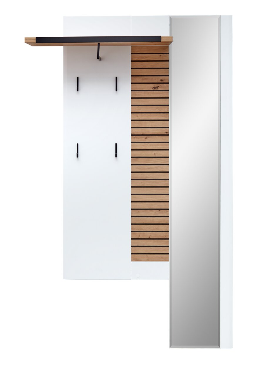 Novel XL-Garderobenpaneel FRESNO Frontale Ansicht eines XL-Garderobenpaneels mit weißer und holzfarbener Oberfläche, mehreren schwarzen Haken und einem großen Spiegel.