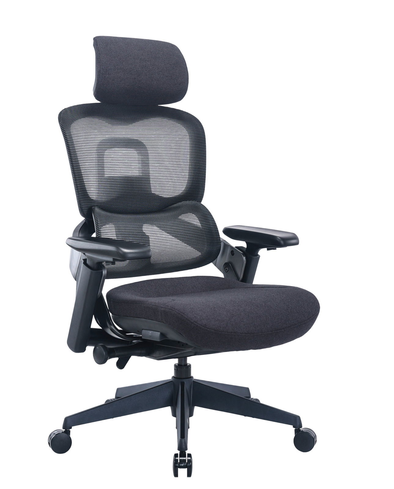 Ergonomischer Drehstuhl mit Netzrückenlehne und Kopfstütze, seitliche Perspektive