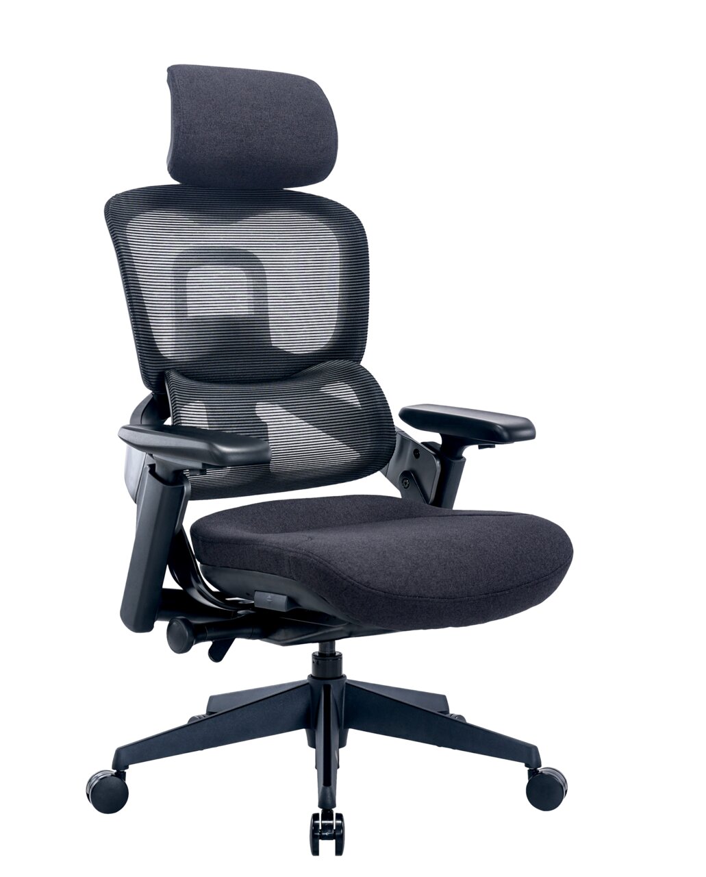 Ergonomischer Drehstuhl mit Netzrückenlehne und Kopfstütze, seitliche Perspektive