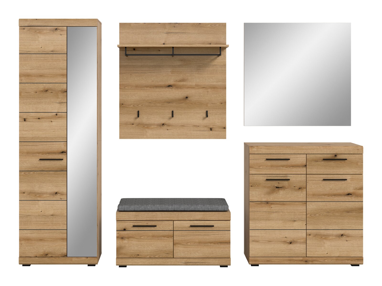 Garderoben-Set 5-teilig in Holzoptik, bestehend aus einem hohen Schrank mit Spiegel, einer Wandgarderobe mit Haken, einem quadratischen Spiegel, einer Sitzbank mit Stauraum und einer Kommode, frontal abgebildet.