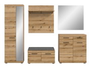 Garderoben-Set 5-teilig in Holzoptik, bestehend aus einem hohen Schrank mit Spiegel, einer Wandgarderobe mit Haken, einem quadratischen Spiegel, einer Sitzbank mit Stauraum und einer Kommode, frontal abgebildet.