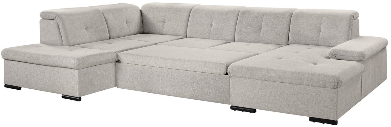 Graues Ecksofa in U-Form mit Stauraum, Ansicht von vorne.